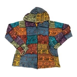 Karma Circle Patchwork Elephant Zip Hoodie Boho Hippie Festival Jacket Small